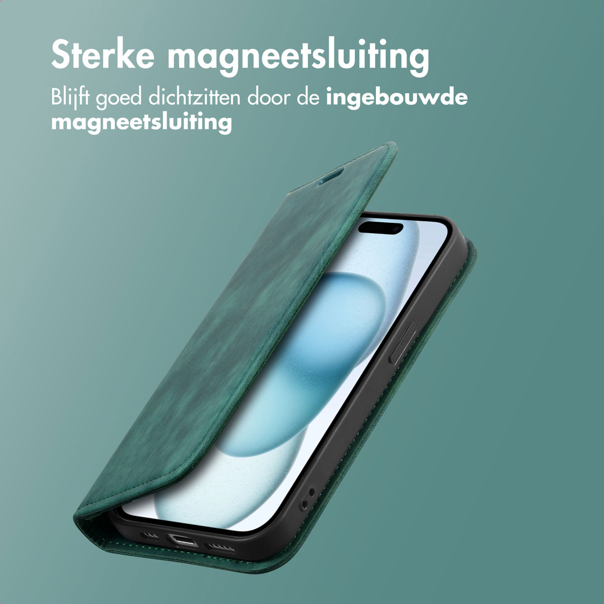 Een teal telefoonhoesje is gedeeltelijk open, met het telefoonscherm. De hoes is donkergroen.