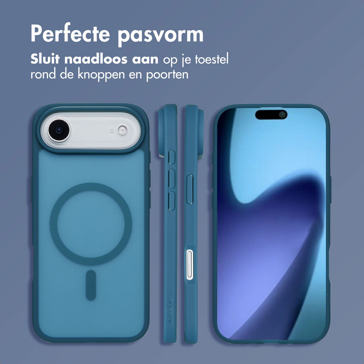 Een telefoon in een teal hoesje wordt vanuit meerdere hoeken getoond. De hoes heeft een magsafe cirkel.
