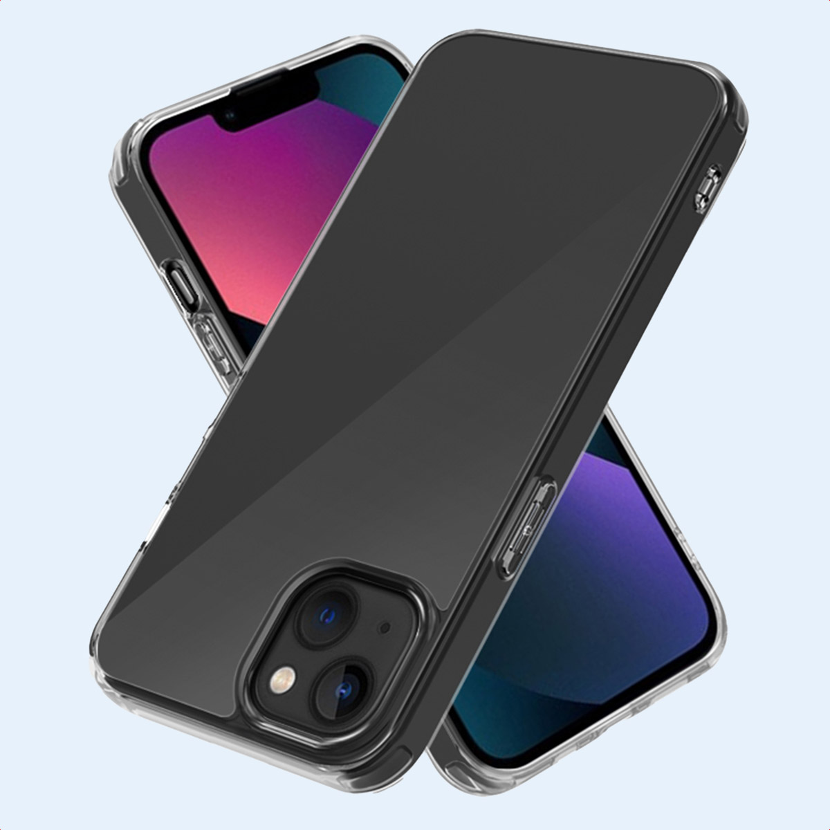 Deux téléphones avec des étuis, l'un montrant l'arrière et l'autre l'avant.