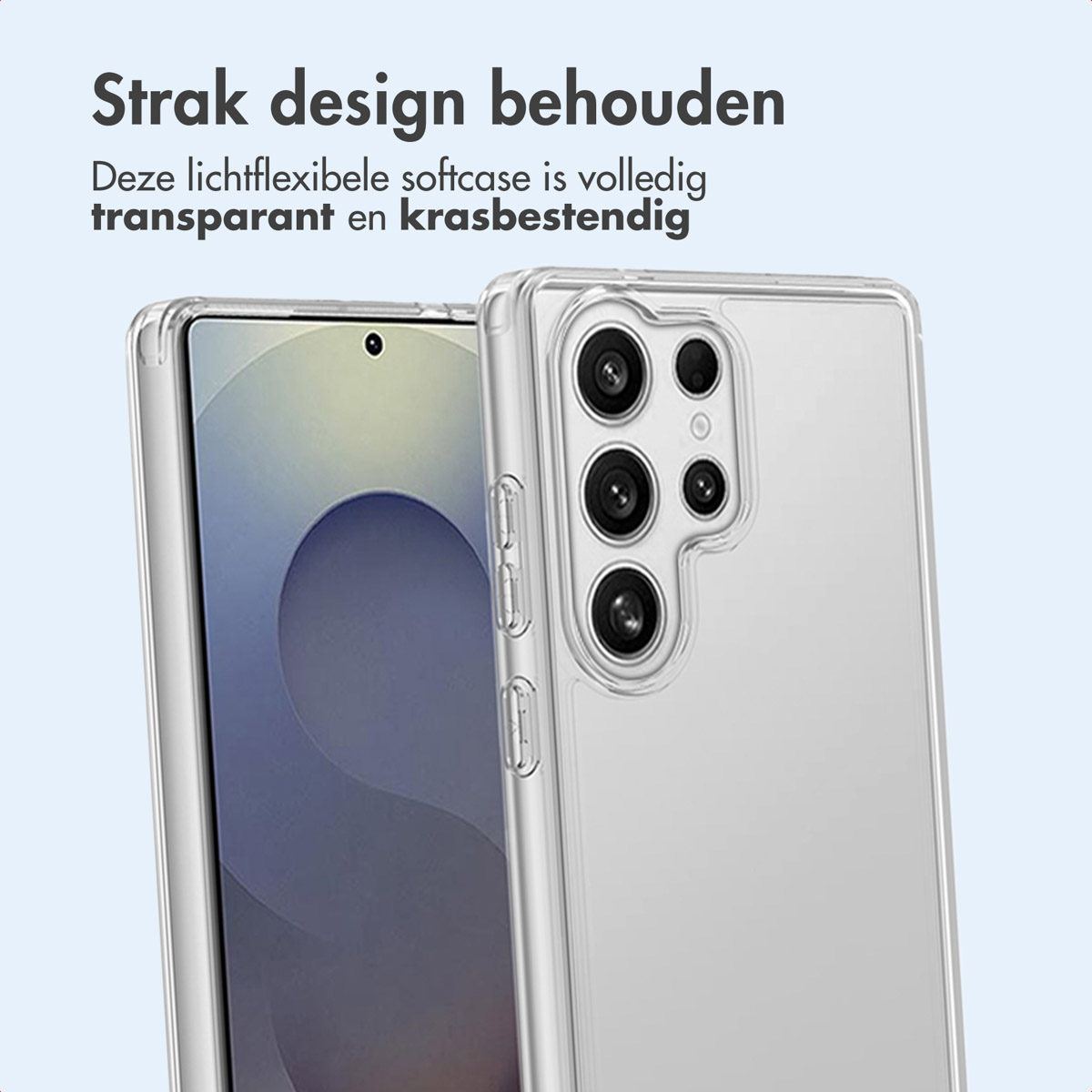 Due custodie trasparenti per telefono su sfondo azzurro, che mostrano il retro e il fronte del telefono.