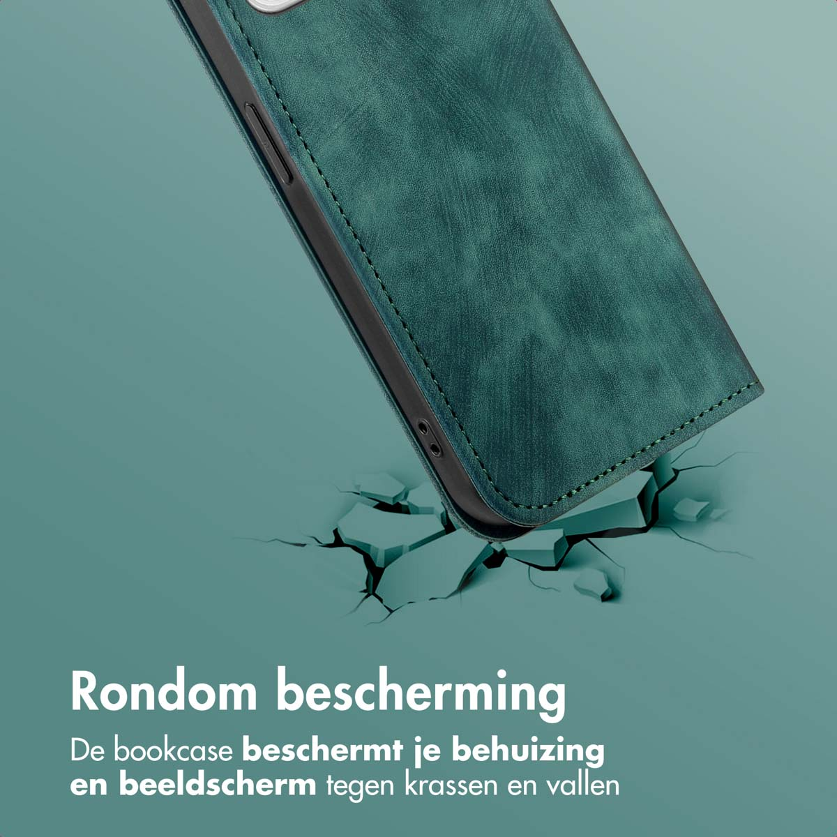 Un étui de téléphone vert sur une surface grise. L'étui semble tomber, avec des fissures autour.
