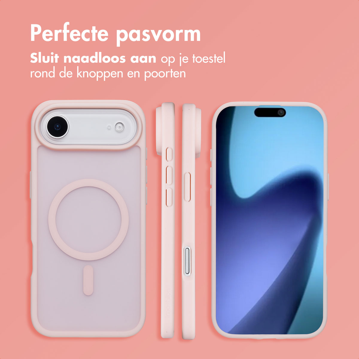 Een roze telefoonhoesje met een telefoon erin, met de voor- en zijaanzichten, op een koraalrode achtergrond.