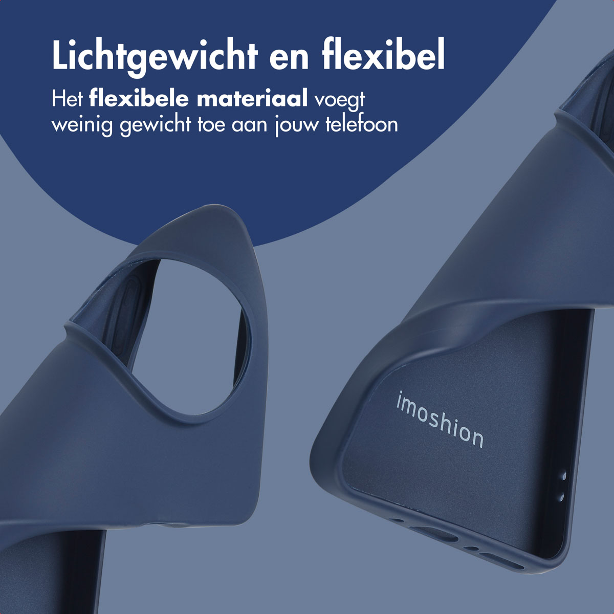 Twee blauwe telefoonhoesjes, waarvan één open, met de binnenkant en het imoshion-logo.