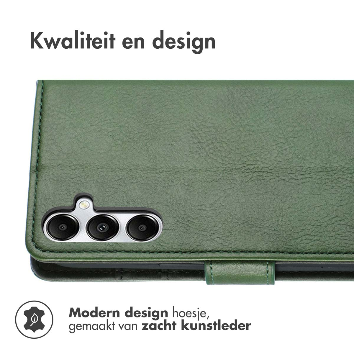 Groene leren telefoonhoes, achterkant van de telefoon met cameramodule en tekst.