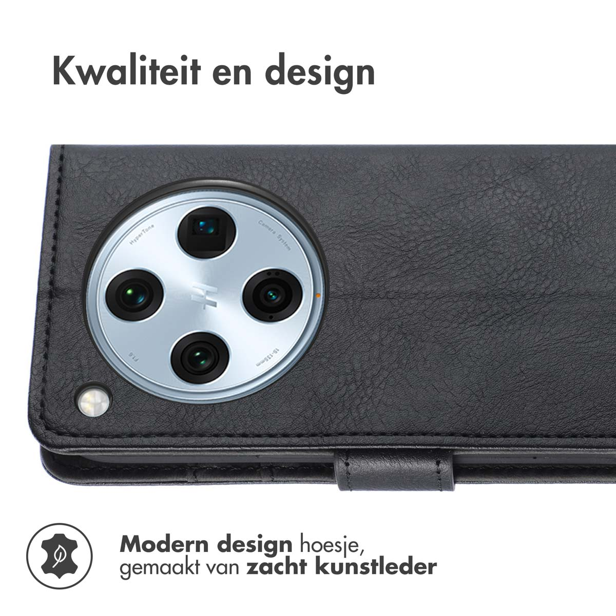 Étui de téléphone noir, montrant l'arrière avec module caméra et texte.