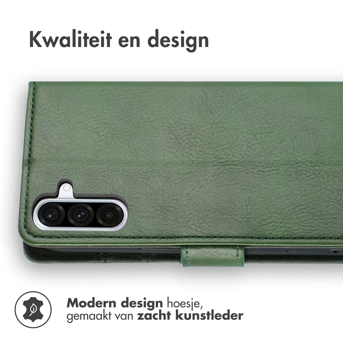 Groene telefoonhoes met camera, leertextuur en magnetische sluiting.