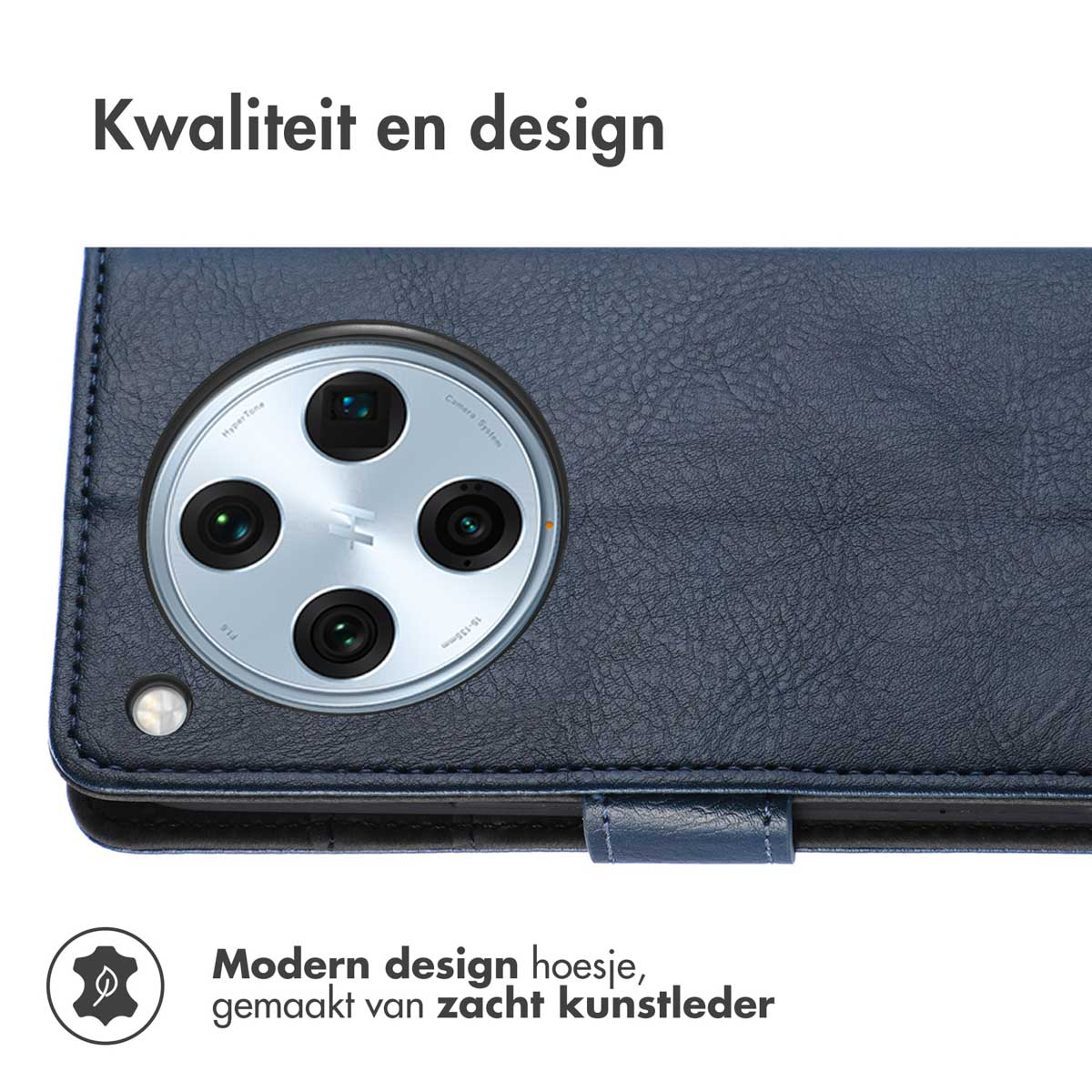 Coque bleu foncé avec design de caméra circulaire, texture cuir et fermeture magnétique.