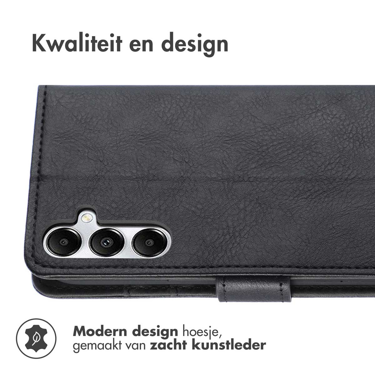 Zwarte telefoonhoes met drievoudige camera, leertextuur en magnetische sluiting.