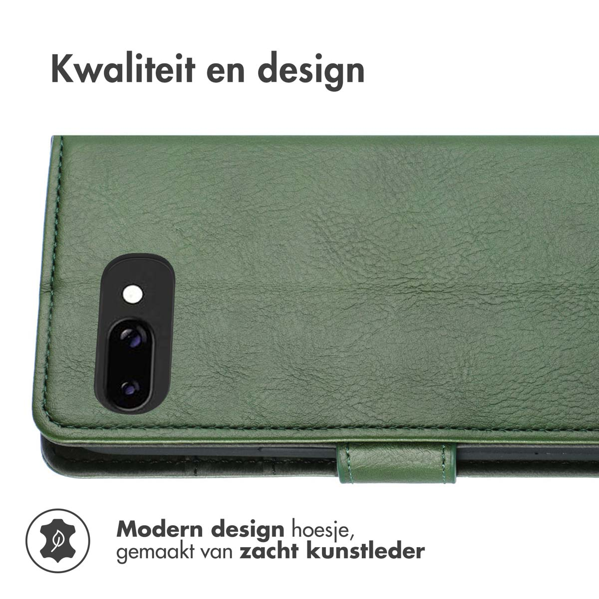 Groene telefoonhoes met camera, leertextuur en magnetische sluiting.