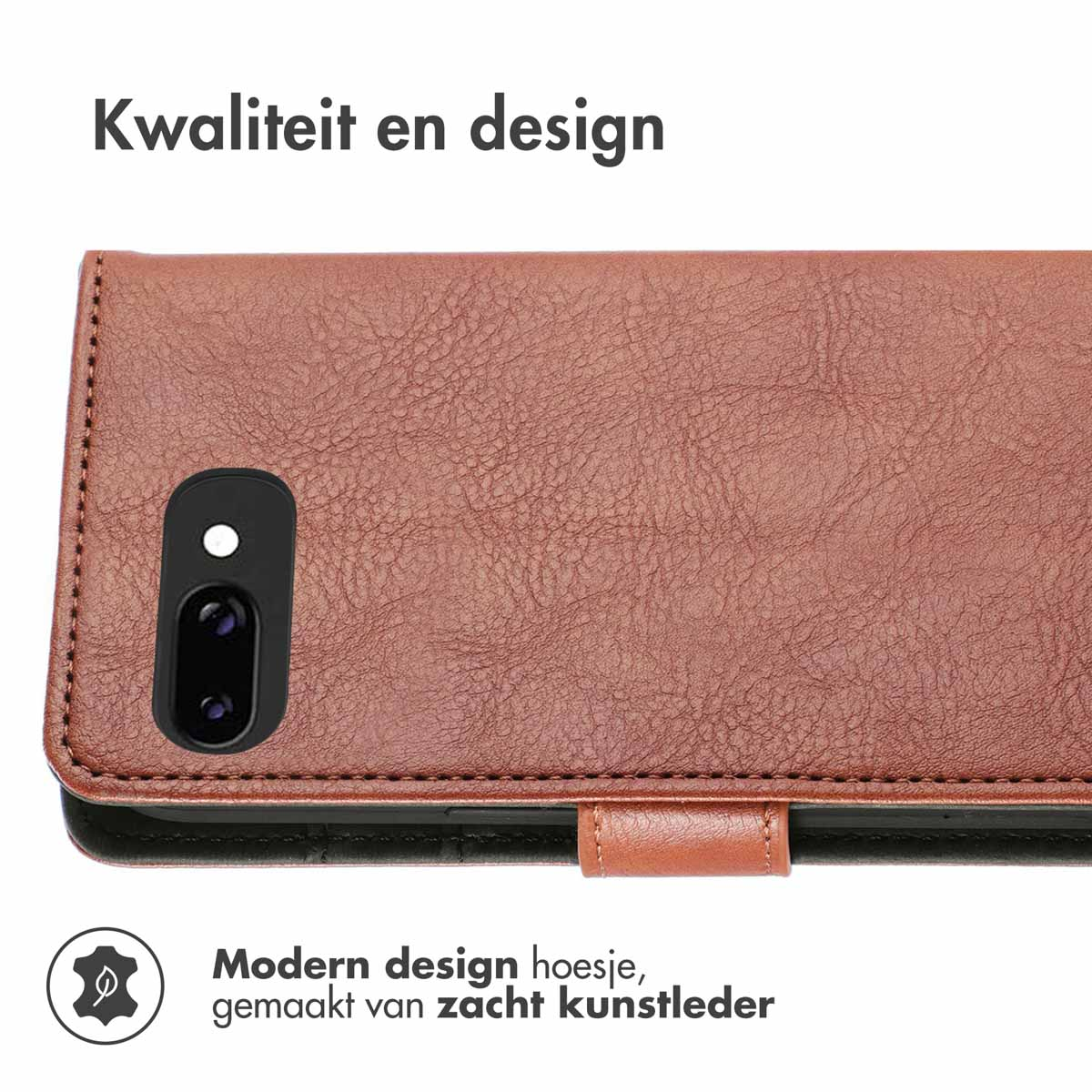 Bruine telefoonhoes met camera, leertextuur en magnetische sluiting.
