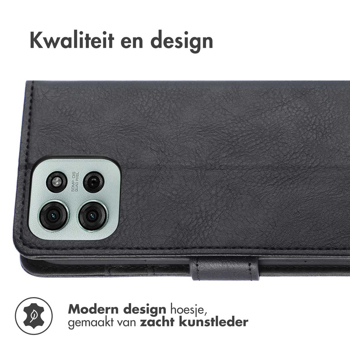 Zwarte telefoonhoes met meerdere camera's, leertextuur en magnetische sluiting.