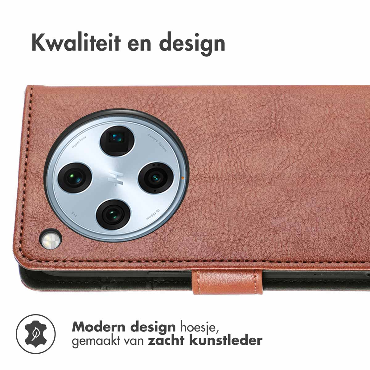 Coque marron avec design de caméra circulaire, texture cuir et fermeture magnétique.