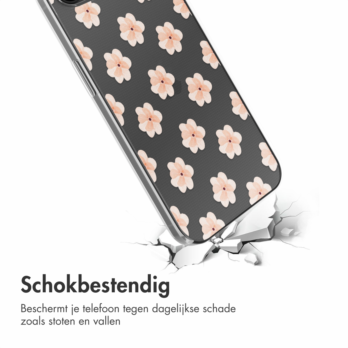 Handyhülle mit schwarzem Hintergrund und rosa Blumenmuster.