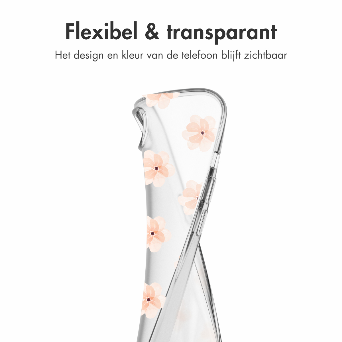 Transparente Handyhülle mit rosa Blumenmuster. Text oben: 'Flexibel & transparant'.