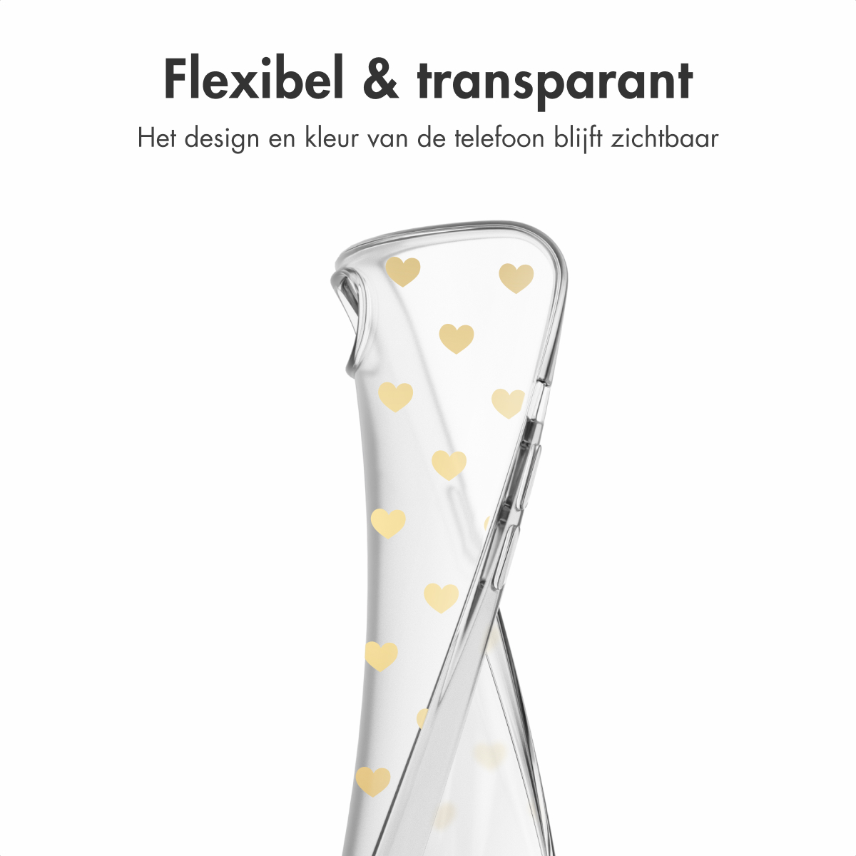 Transparente Handyhülle mit goldenem Herzmuster. Text oben: 'Flexibel & transparant'.