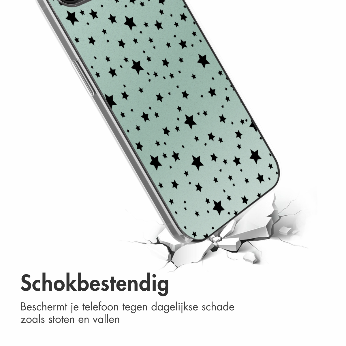 Handyhülle mit mintfarbenem Hintergrund und schwarzem Sternmuster.
