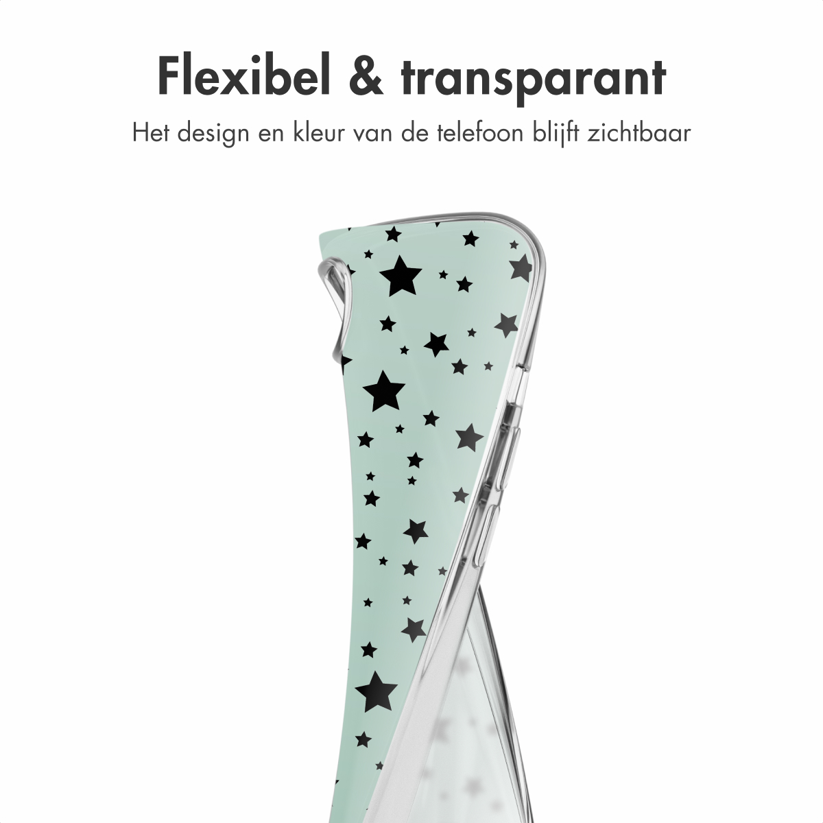 Transparente Handyhülle mit Sternenmuster. Text oben: 'Flexibel & transparant'.