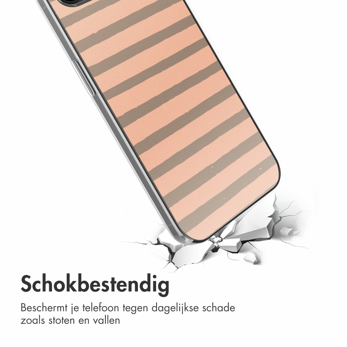 Handyhülle mit pfirsichfarbenem Hintergrund und grauem Streifenmuster.