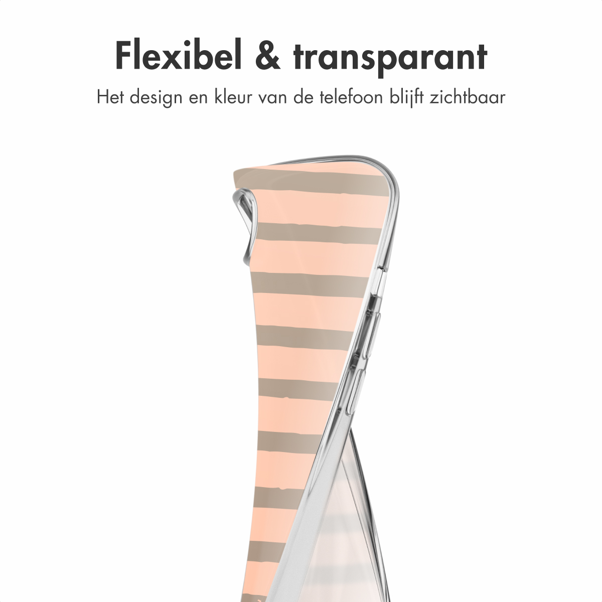 Transparente Handyhülle mit horizontalen Linien. Text oben: 'Flexibel & transparant'.