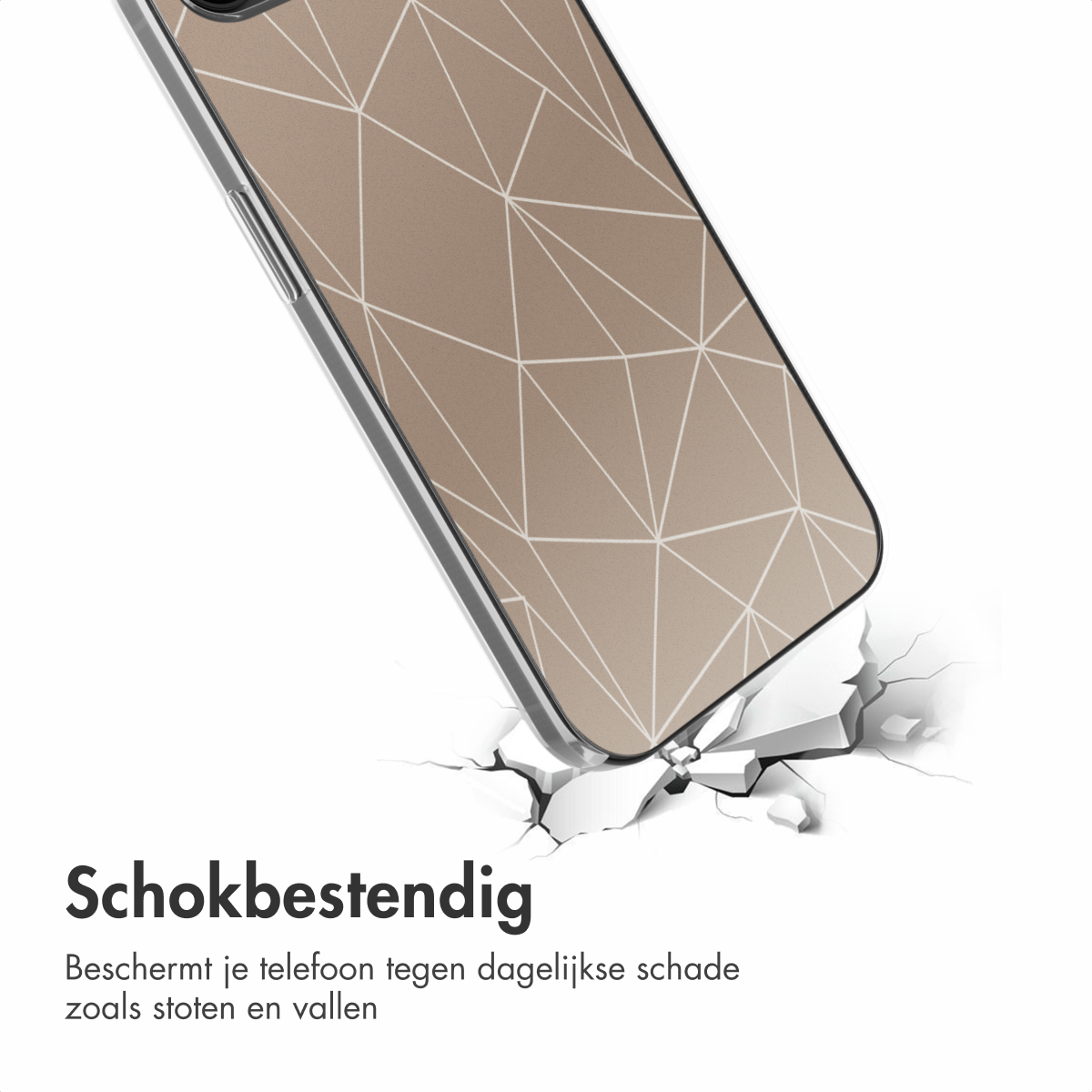 Telefoonhoesje met geometrisch patroon, dat een oppervlak breekt. Tekst: Schokbestendig, beschermt tegen dagelijkse schade.