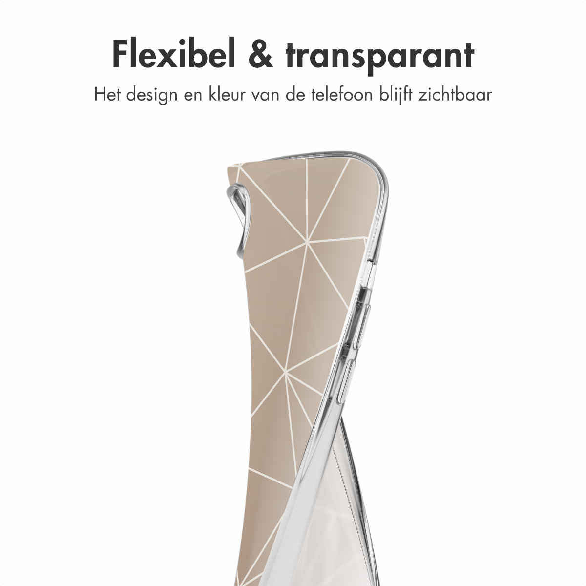 Transparante telefoonhoes met geometrisch patroon. Bovenste tekst: 'Flexibel & transparant'.
