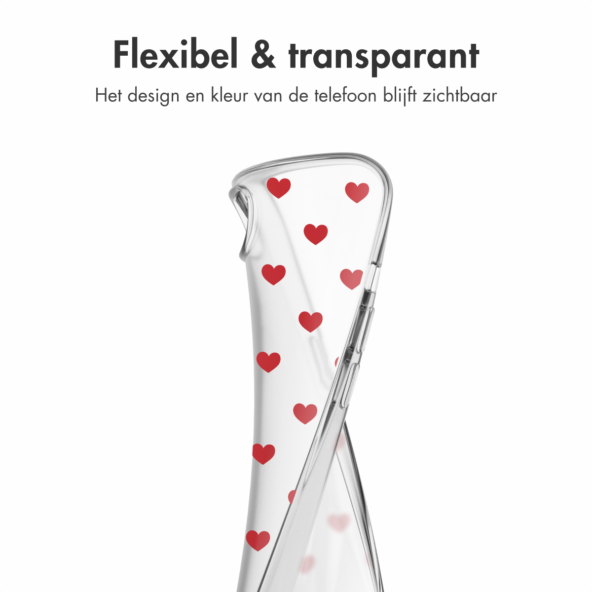 Transparente Handyhülle mit roten Herzen. Text oben: 'Flexibel & transparant'.