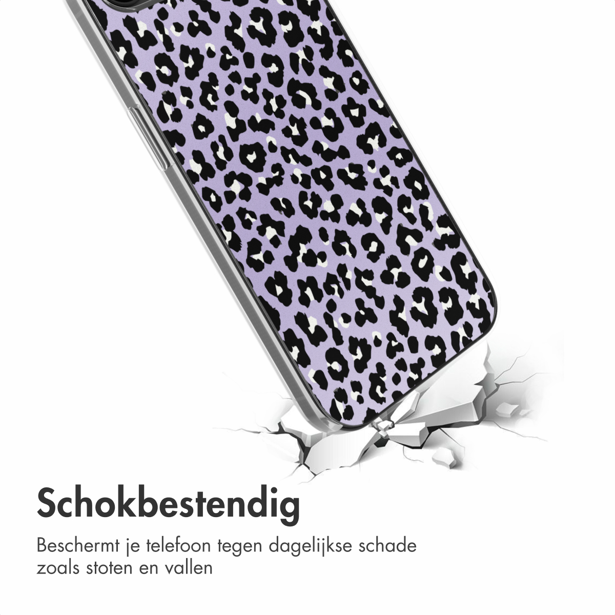 Handyhülle mit lilafarbenem Leopardenmuster auf zerbrochener weißer Oberfläche. Text: 'Stoßfest'.
