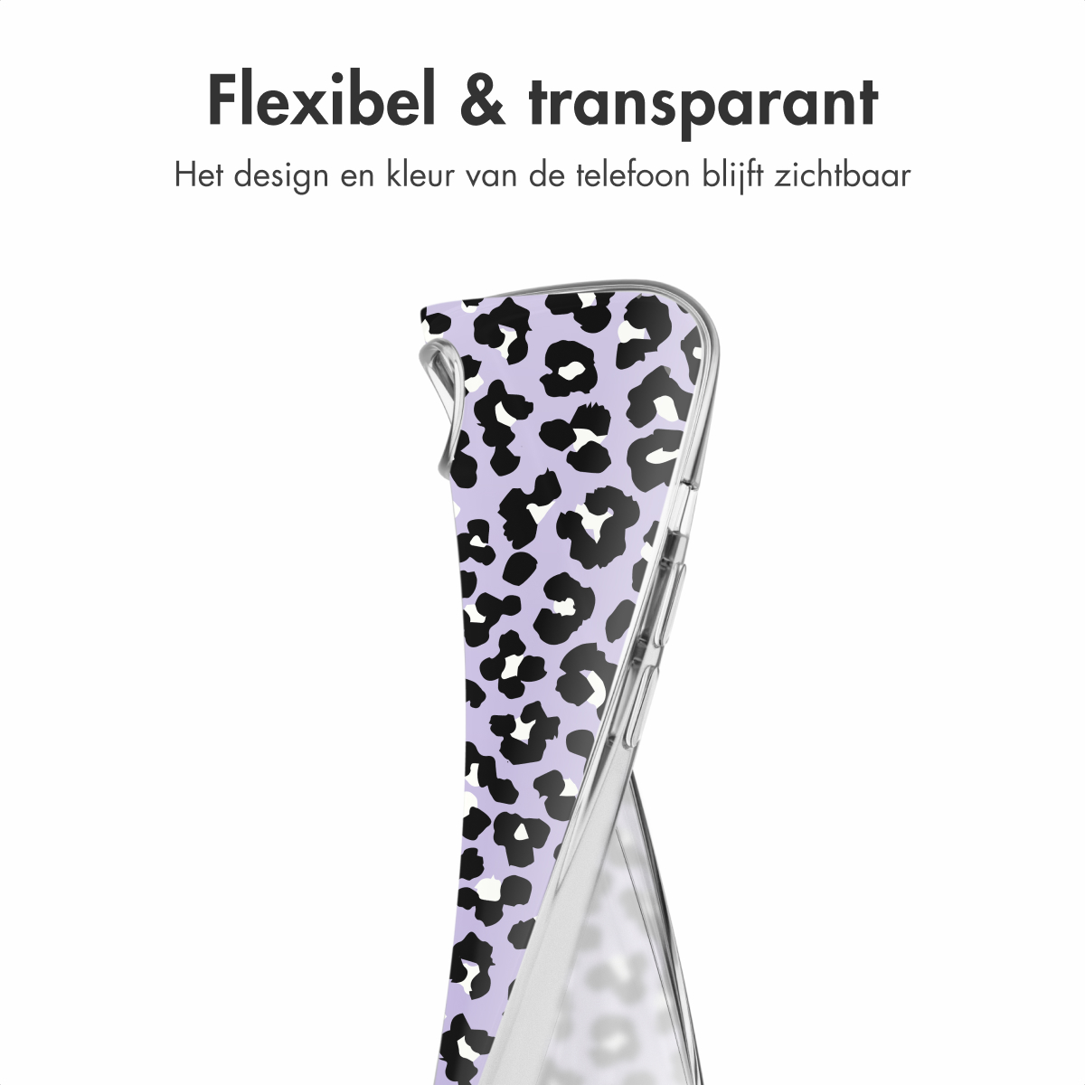 Transparente Handyhülle mit Leopardenmuster. Text oben: 'Flexibel & transparant'.