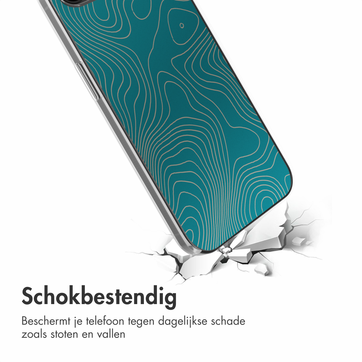 Handyhülle mit tealfarbenem topografischem Design auf zerbrochener weißer Oberfläche. Text: 'Stoßfest'.