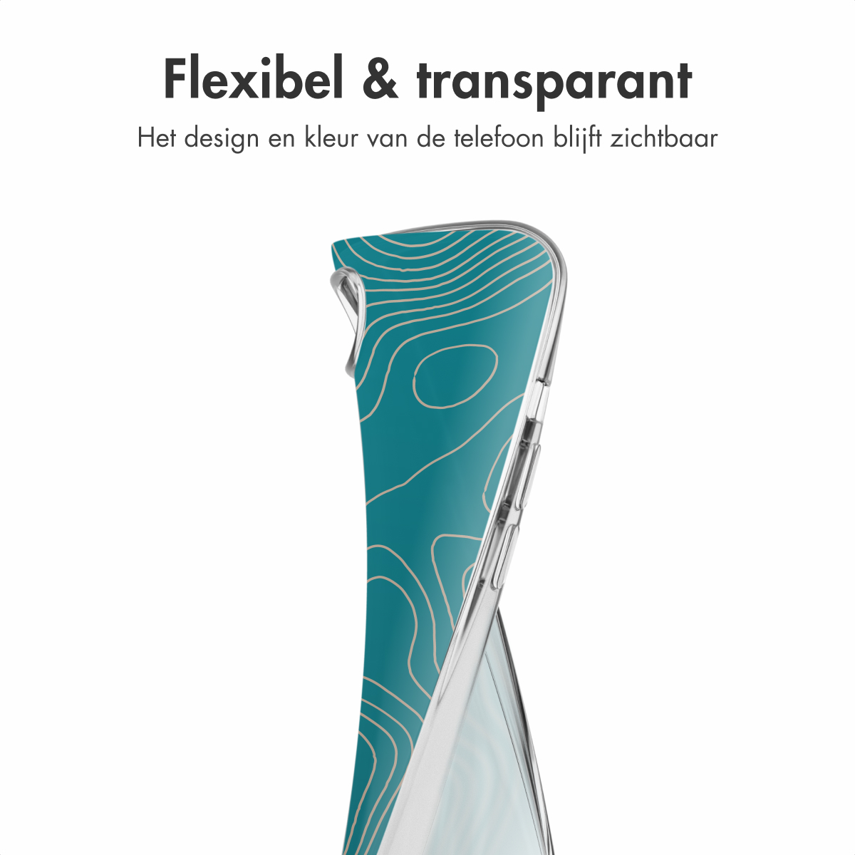 Transparente Handyhülle mit türkisblauem Kartendesign. Text oben: 'Flexibel & transparant'.