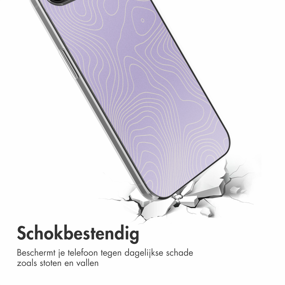 Eine Handyhülle mit lila topografischem Kartendesign, die anscheinend fallen gelassen wurde und die Oberfläche darunter aufbricht, mit Text.