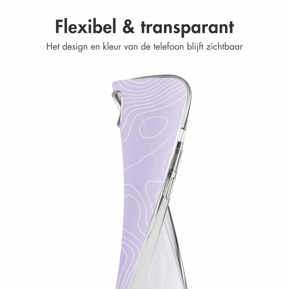 Transparente Handyhülle mit einem lila topografischen Muster. Text oben: 'Flexibel & transparent'.