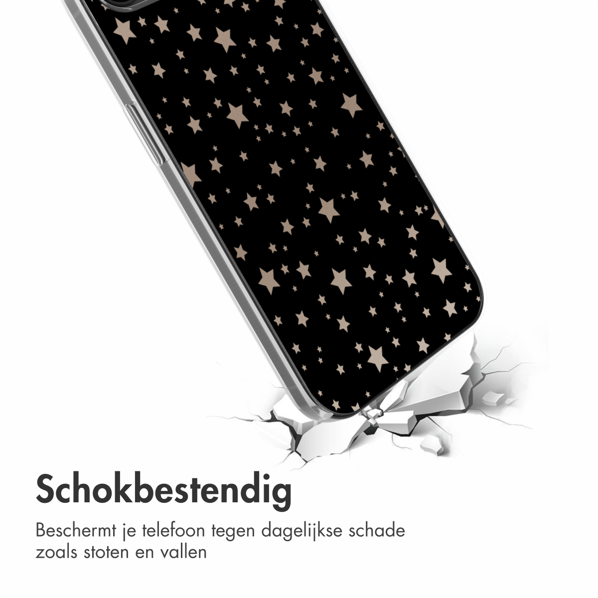 Handyhülle mit schwarzem Hintergrund und beigen Sternen auf zerbrochener weißer Oberfläche. Text: 'Stoßfest'.