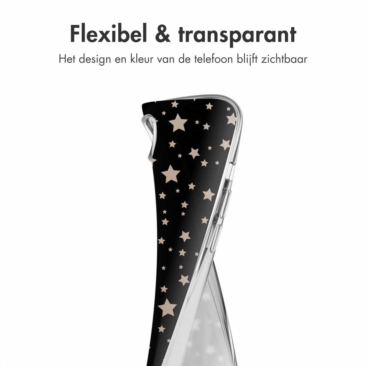 Transparente Handyhülle mit schwarzem Hintergrund und beigefarbenen Sternen. Text oben: 'Flexibel & transparent'.