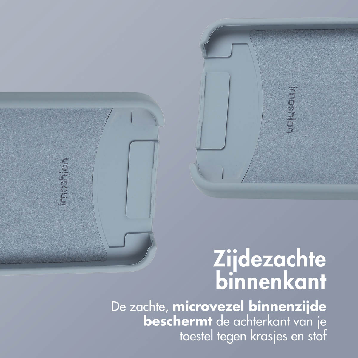 Telefoonhoes in twee delen, binnenkant zichtbaar met grijs, zacht materiaal. Tekst: 'Zachte binnenkant'.