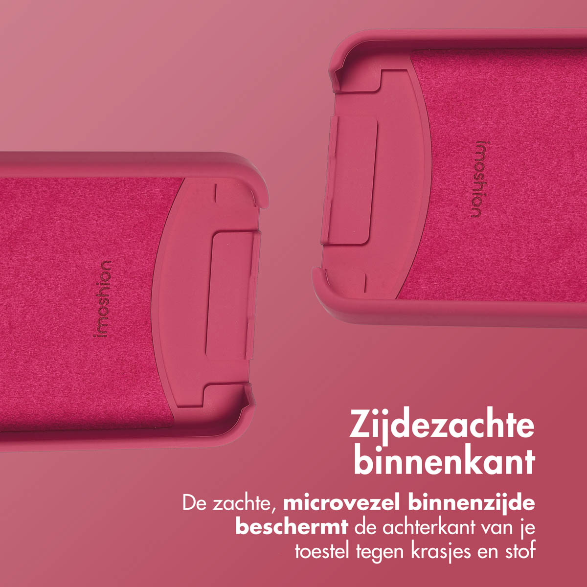Zwei pinkfarbene Handyhüllen werden gezeigt. Auf jeder Hülle steht das Wort „imoshion“. Der Hintergrund ist ein rosa Farbverlauf.