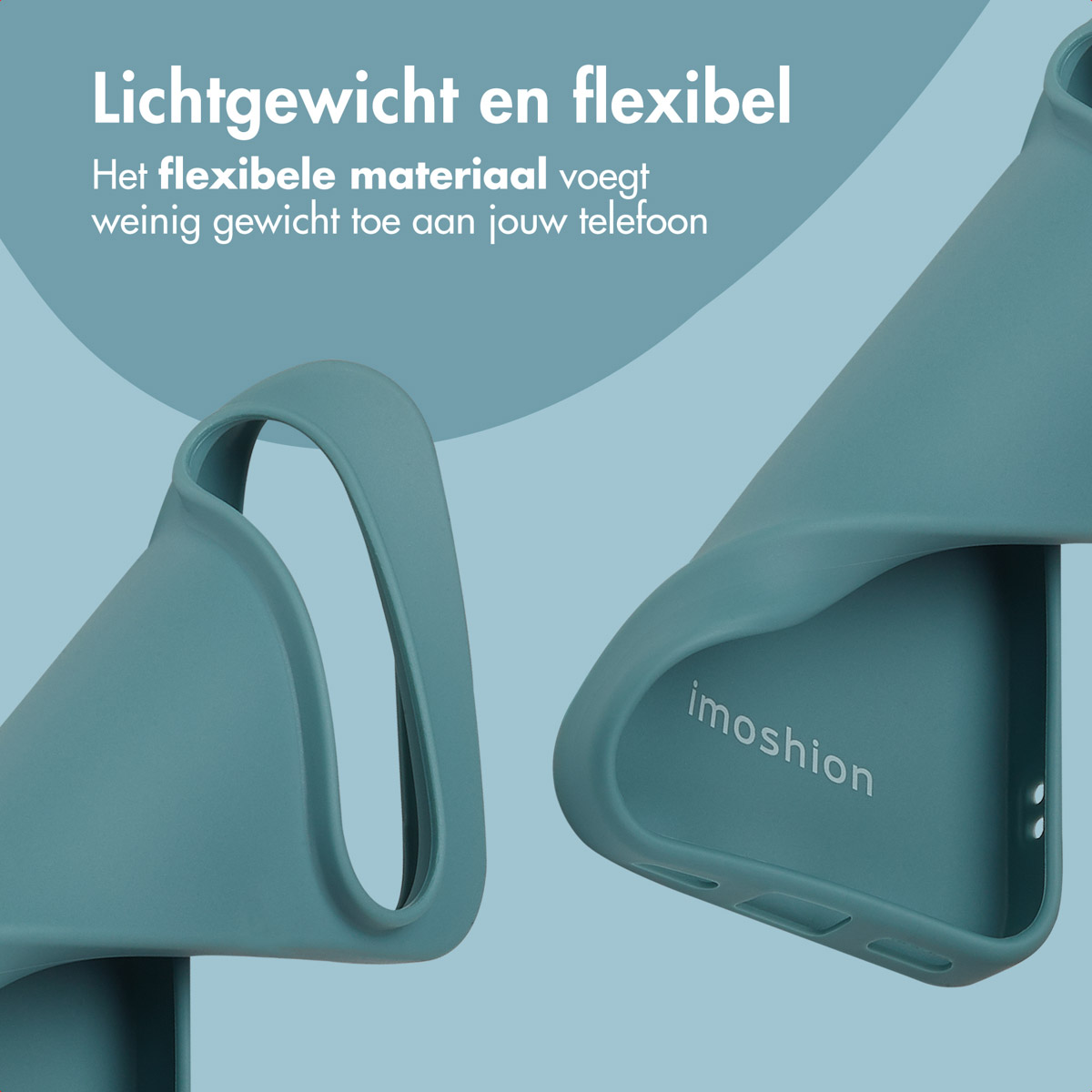 Deux étuis de téléphone sarcelle sont affichés sur un fond bleu. Le mot « imoshion » est imprimé sur un étui.