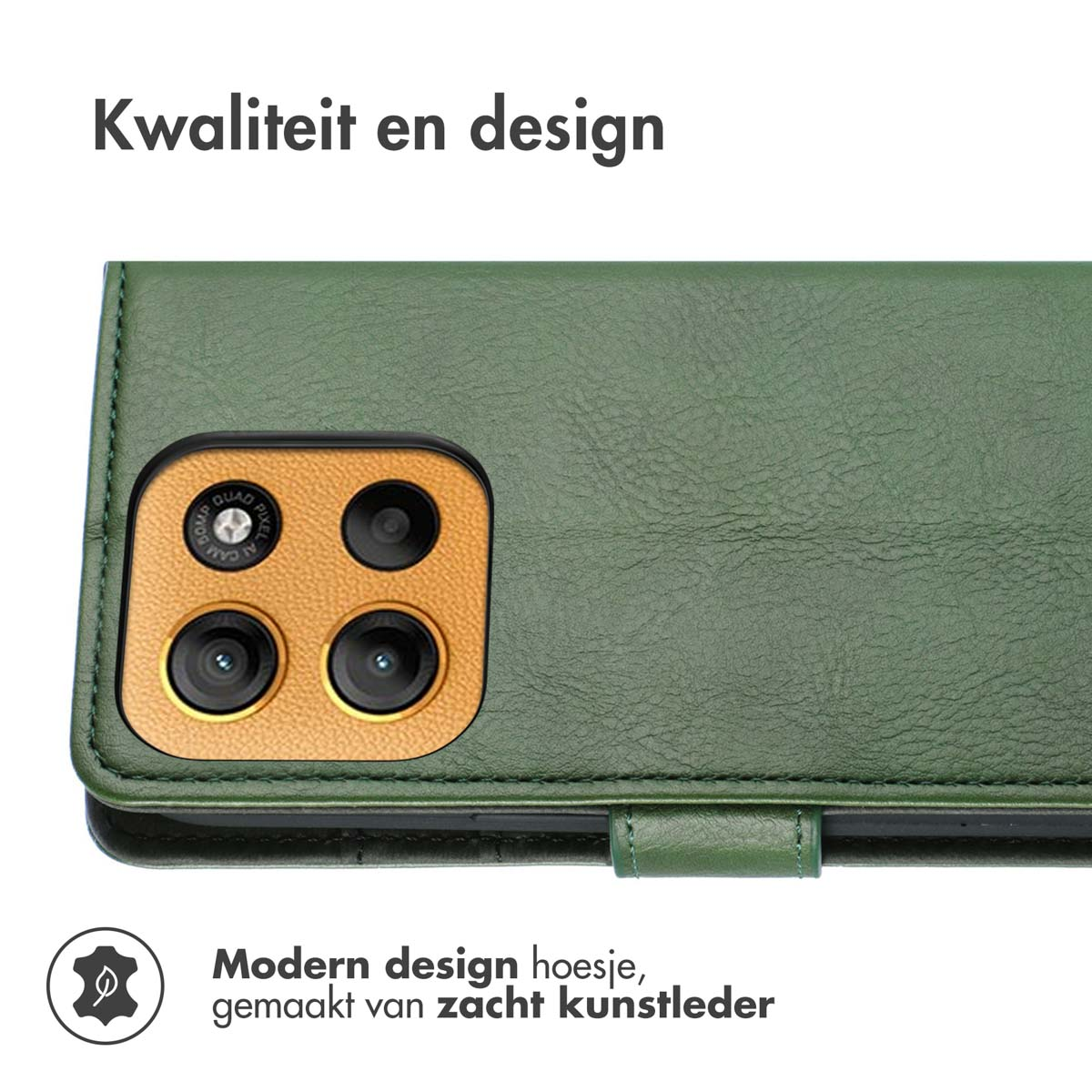 Groene telefoonhoes met cameradetail. Tekst zegt 'Kwaliteit en design', 'Modern design hoesje'.