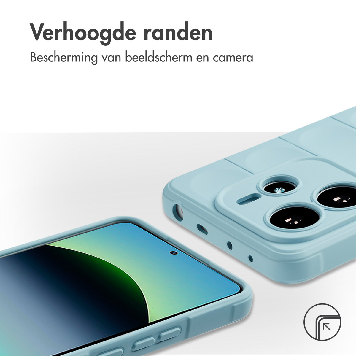 Lichtblauwe telefoonhoes en telefoon, met verhoogde randen. Tekst zegt 'Bescherming van scherm en camera'.