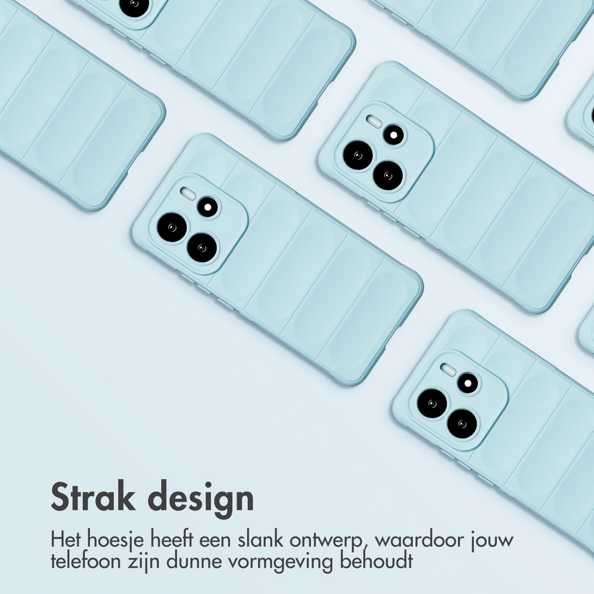 Lichtblauwe telefoonhoesjes diagonaal op een witte ondergrond, tekst 'Strak design' en Nederlandse beschrijving onderaan.