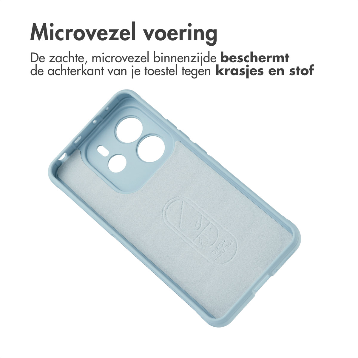 Interieur van een lichtblauwe telefoonhoes. De hoes heeft uitsparingen voor de camera en knoppen. Witte achtergrond.