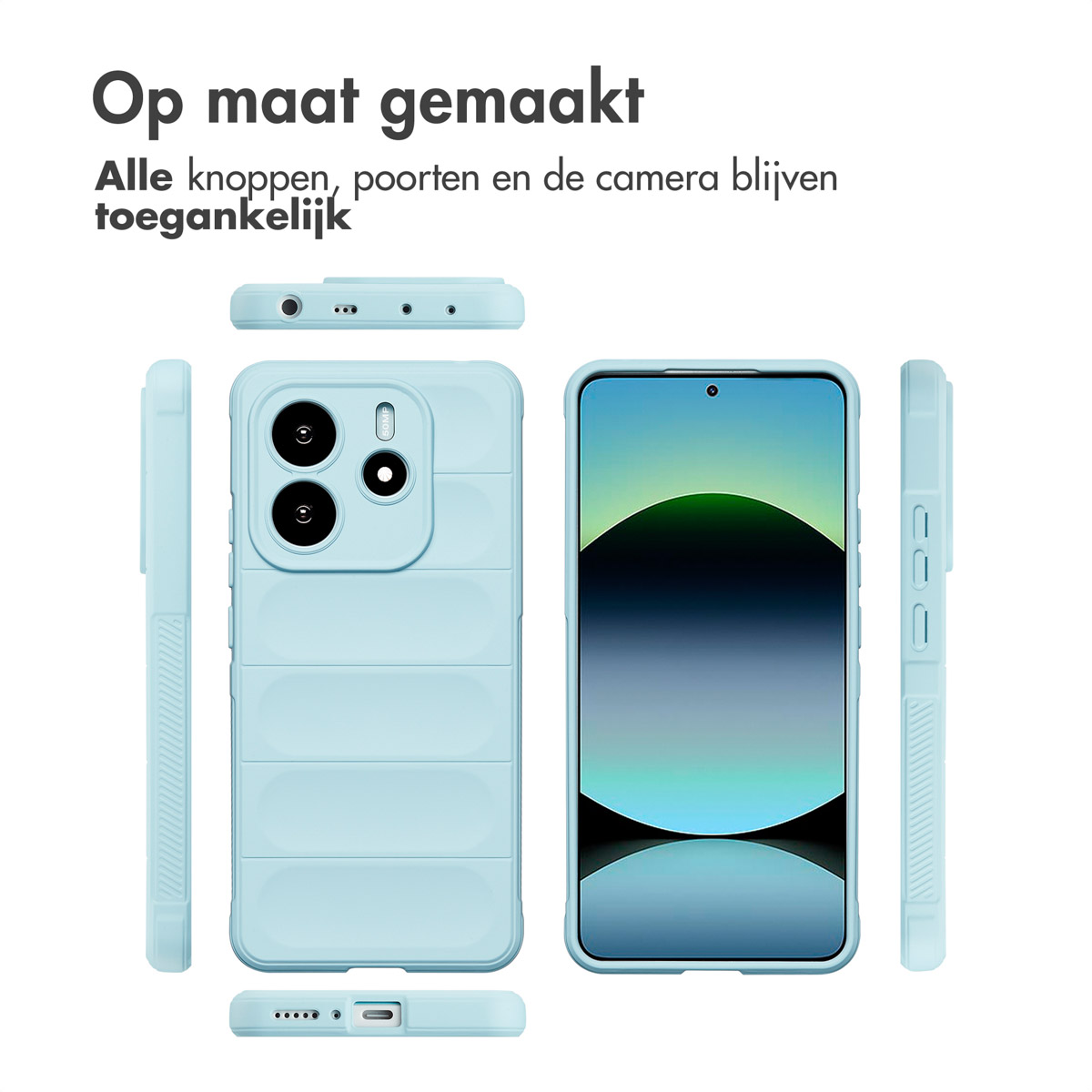 Lichtblauwe telefoonhoes en telefoon. Tekst zegt 'Op maat gemaakt' en 'Alle knoppen en camera blijven toegankelijk'.