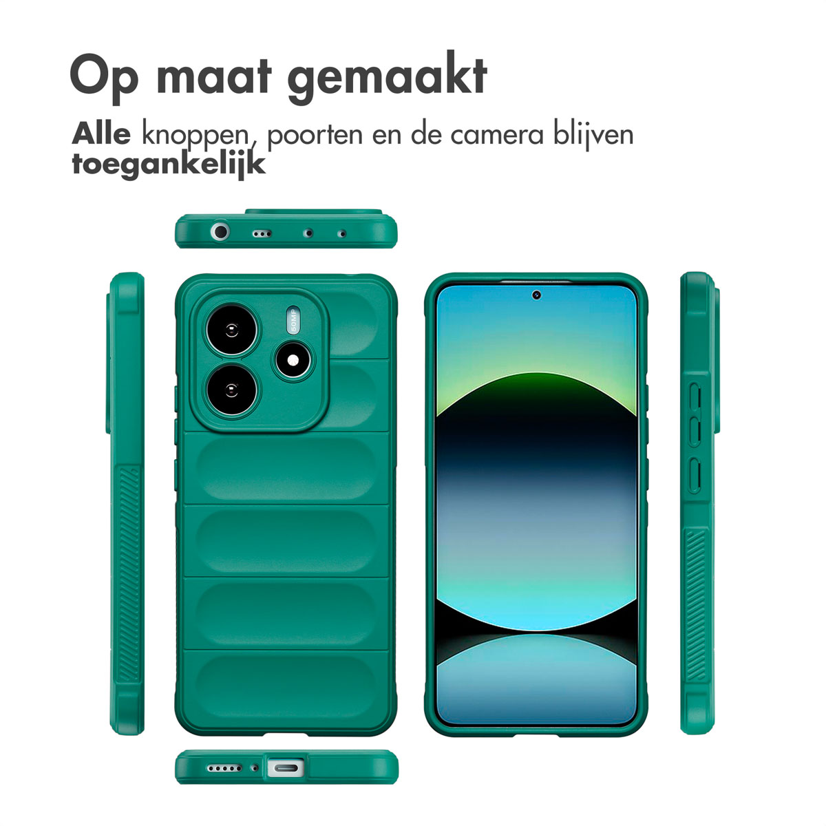Coque de téléphone verte et téléphone. Dit 'Fabriqué sur mesure' et 'Tous les boutons et la caméra restent accessibles'.