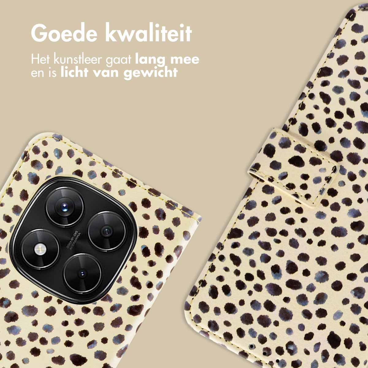 Telefoonhoesje met een beige achtergrond en een zwart-beige stippenpatroon. De cameramodule is zichtbaar op de telefoon.