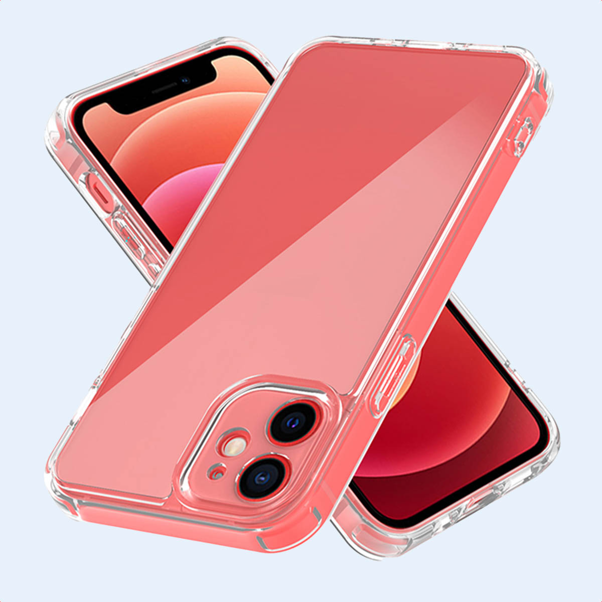Deux téléphones avec des coques roses. Un téléphone est couché tandis que l'autre est dessus. Les deux coques sont transparentes.
