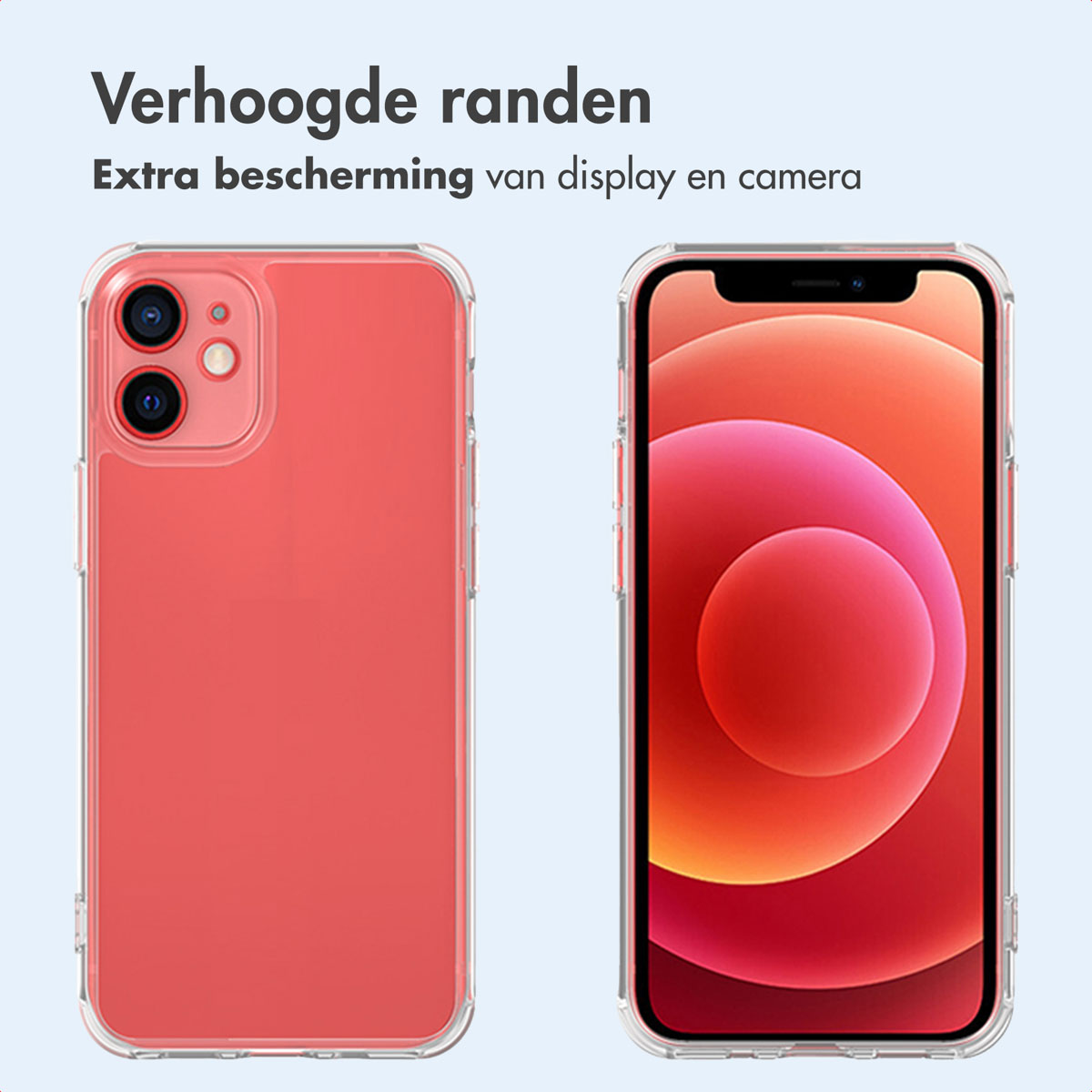 Deux téléphones dans des coques transparentes. Un rouge et un affichant un écran rouge. Les deux coques ont un bord protecteur.