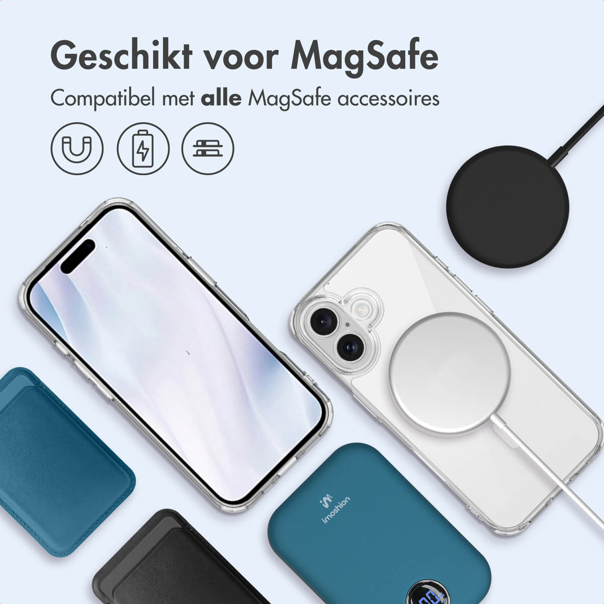 Verschillende items worden weergegeven, waaronder een telefoonhoesje, een draadloze oplader en diverse MagSafe-accessoires.