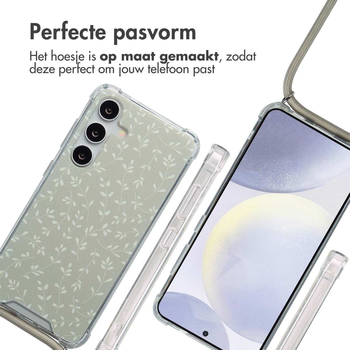 Une coque de téléphone et deux téléphones. La coque est transparente avec un motif de feuilles vertes. Un téléphone est visible.