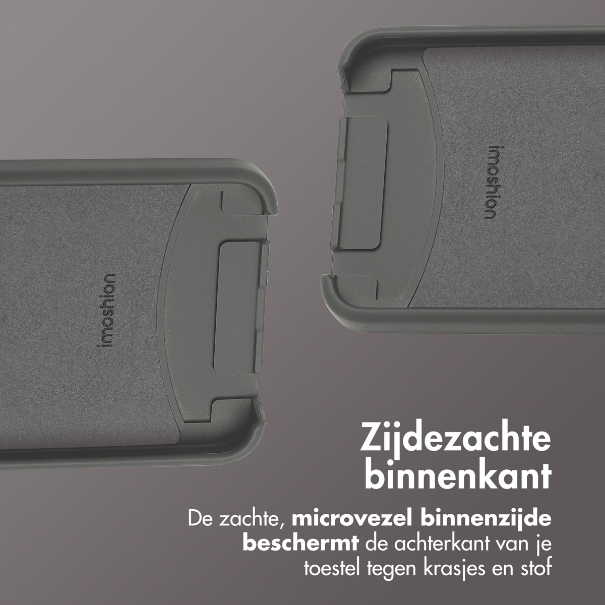 Twee telefoonhoes-helften, grijze kleur, imoshion logo. Tekst: Zijdezachte binnenkant.
