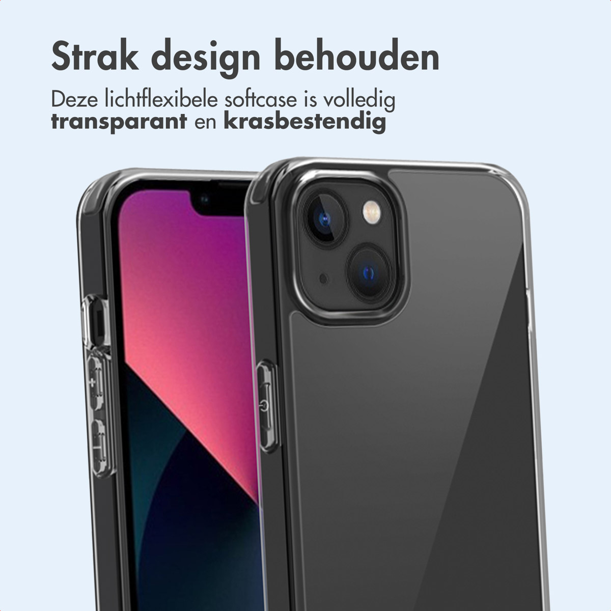 Gros plan sur deux téléphones dans des coques transparentes. L'un a un écran noir. Les deux montrent les boutons latéraux.